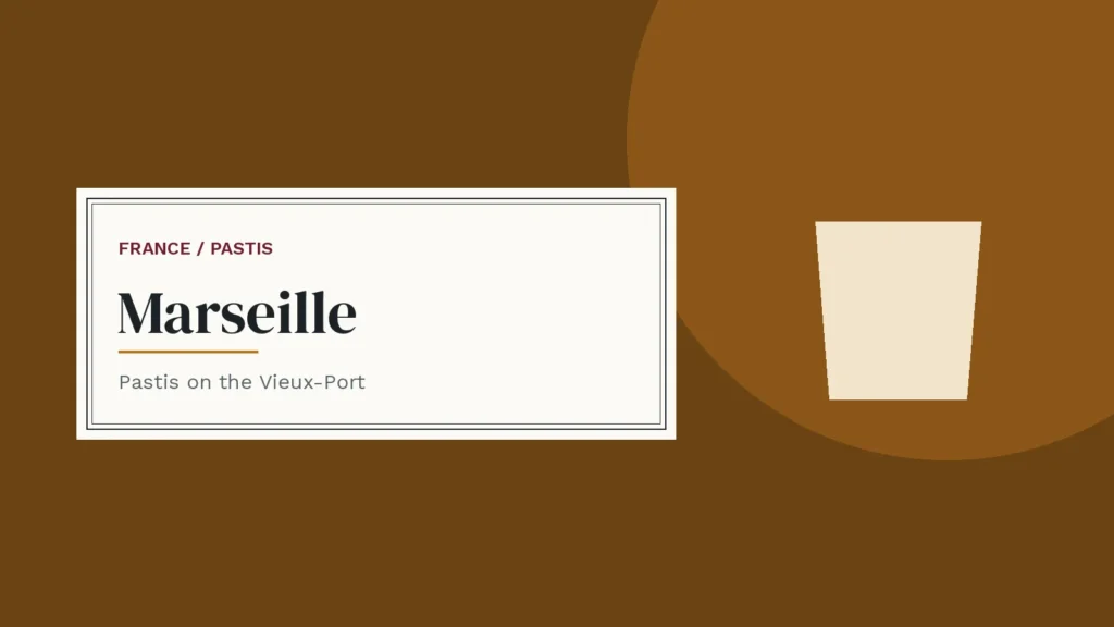 Label-style cover with a pastis glass — Marseille and pastis