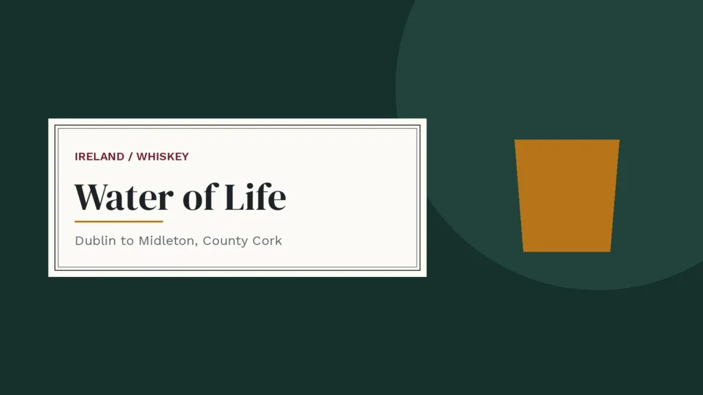 Label-style cover with a whiskey glass — Irish whiskey distillery journey